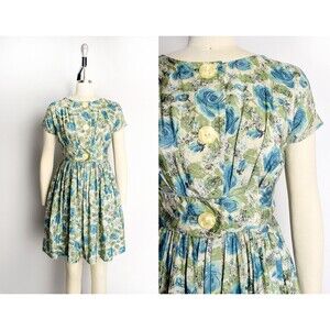 1950s Floral Dress Size Small 50s Silk Dress Fit & Flare Dress Green Blue Dress